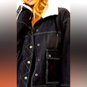 Free People greyish black denim jacket with wool on collar